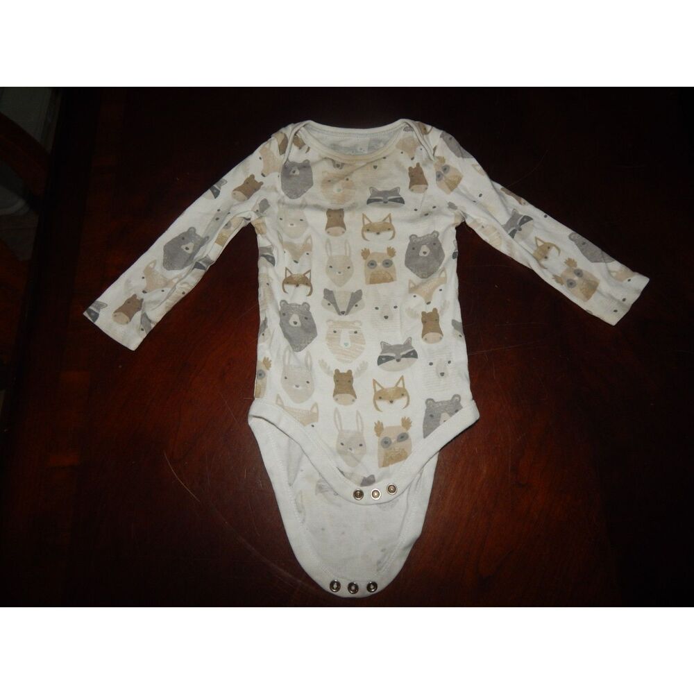 Cloud Island 18M White Gray Brown Wildlife Animal Print Long Sleeve Baby Onesie